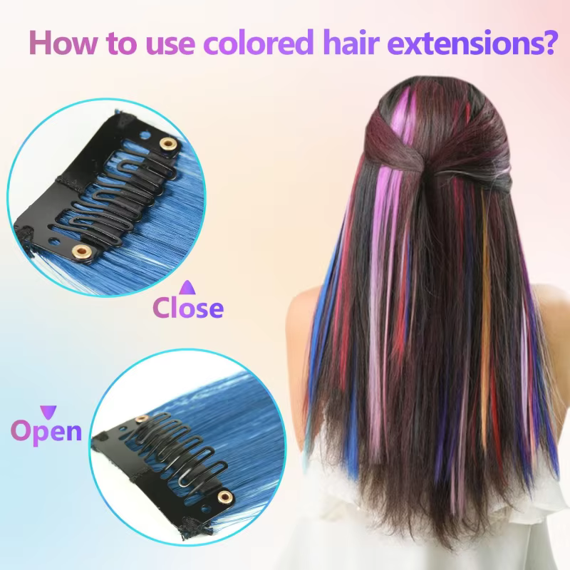 Extensions capillaires synthétiques à clips multicolores, postiches arc-en-ciel de 22 pouces pour fi