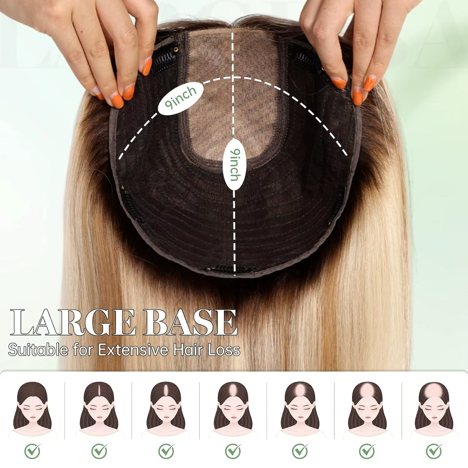 Pièces de cheveux à Base grande 9x9 pouces, reflets bruns, Toppers de cheveux humains de 16 pouces p