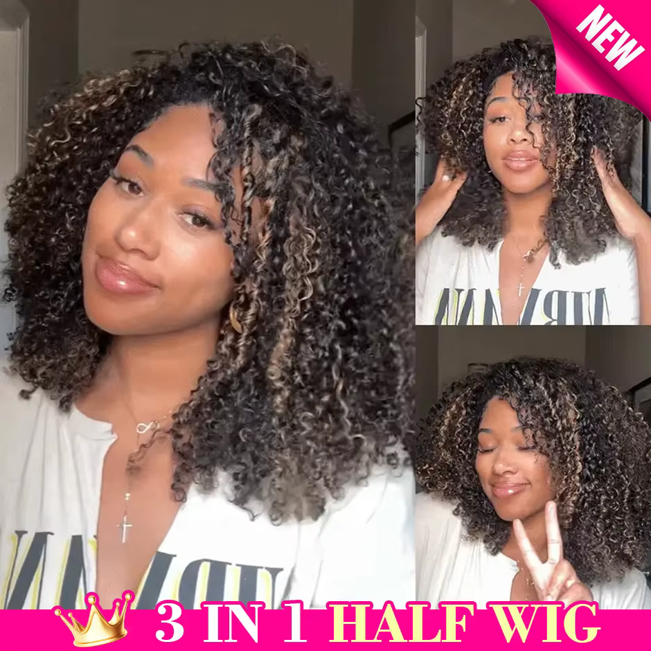 ISEE cheveux demi perruque 1B/30 mettre en évidence brun crépus bouclés porter Go sans colle perruqu