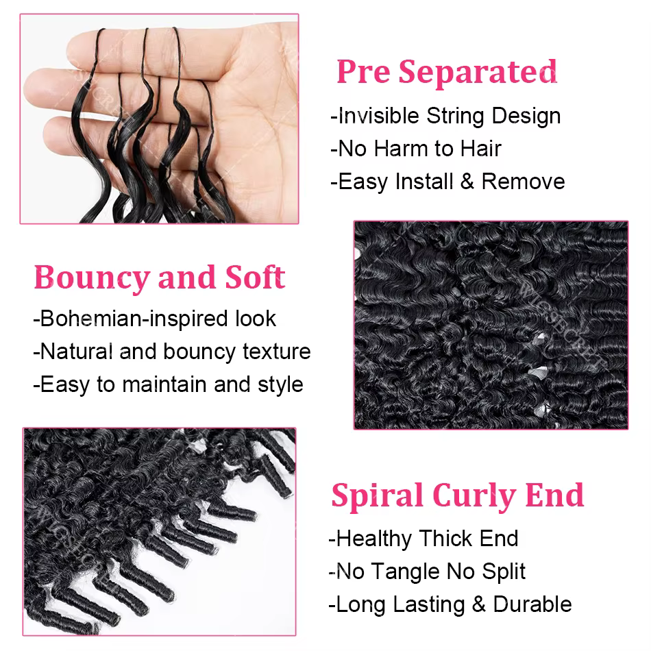 Mèches de cheveux humains bouclés style birman pour crochet, tresses invisibles sans nœuds, cheveux