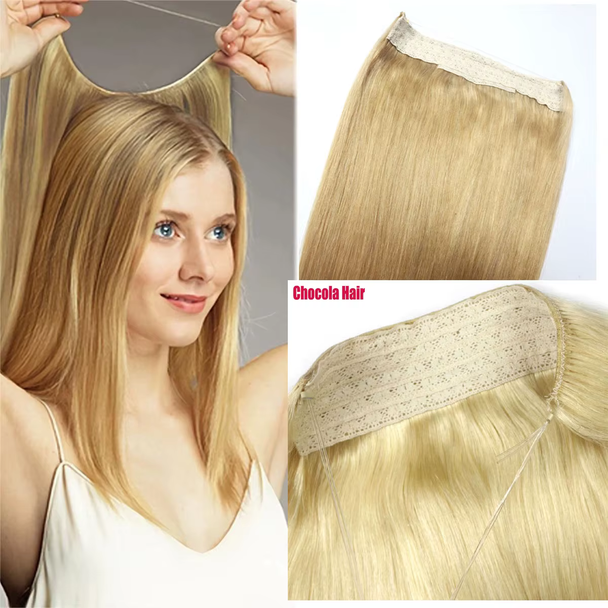 Halo Hair-Extensions de cheveux humains, postiche droite naturelle, fil de cheveux, ligne de poisson