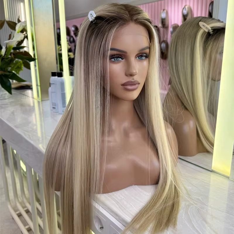 Perruque synthétique longue et droite, ombrée blond cendré avec mèches, pour fête, usage quotidien o