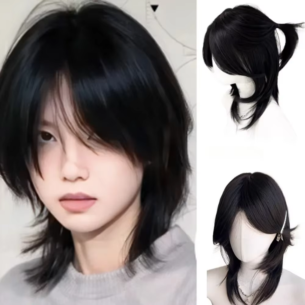 Perruque courte noire Cos Anime japonais Cosplay perruque 38 cm Cool Sissy bandeau perruques Punk ha