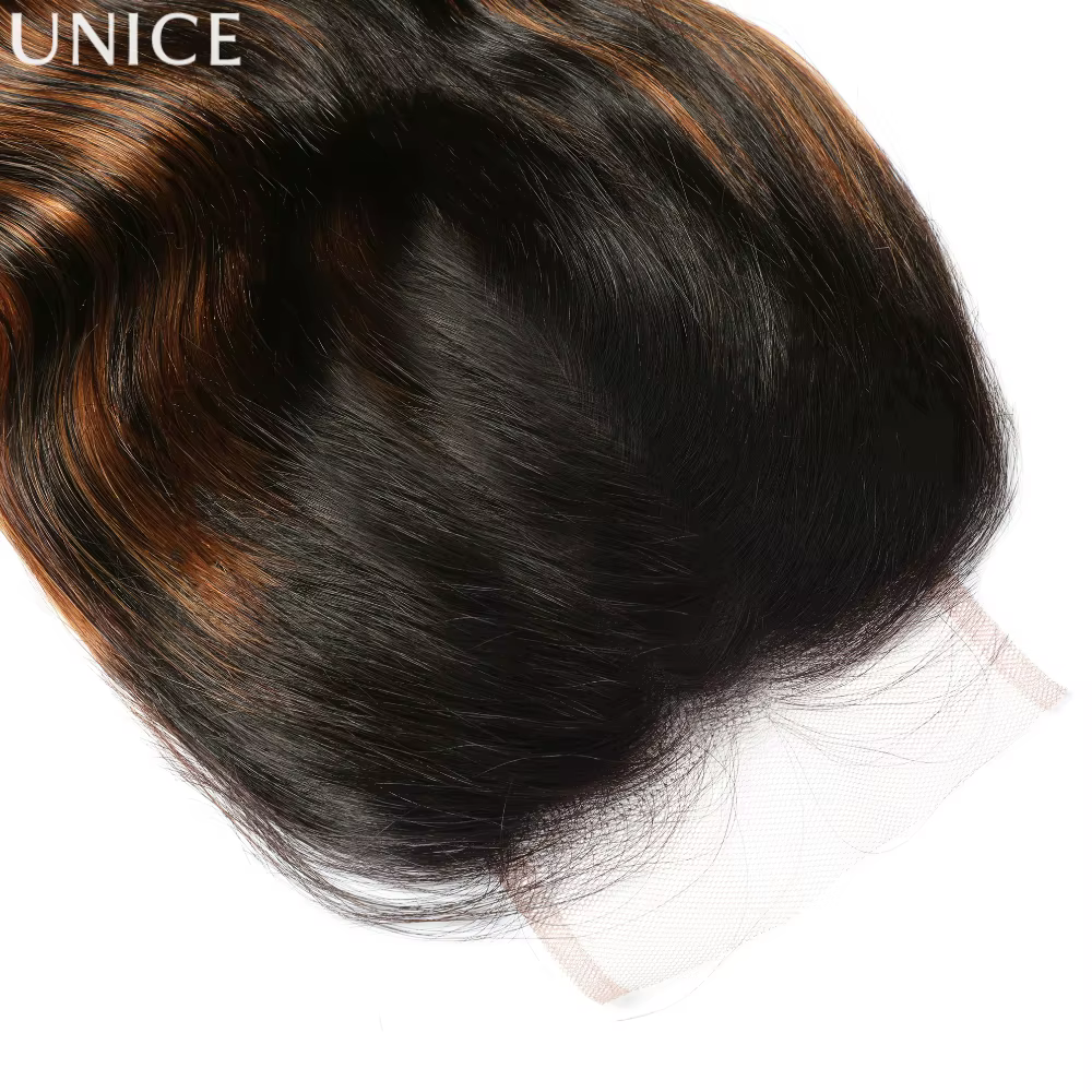 UNice Ombre Brown Highlights Body Wave 4x4 Lace Closure 1PC 100% Cheveux Humains Closure Free Part