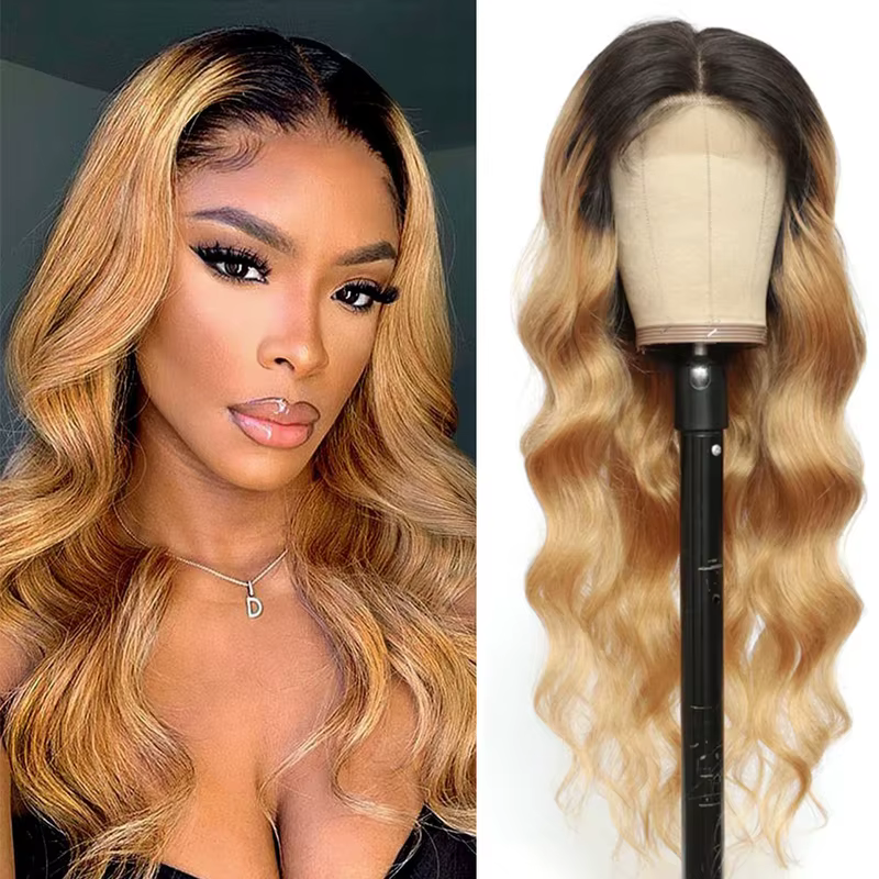Perruque Lace Front Wig Body Wave naturelle, cheveux humains, blond miel, pre-plucked, 1B 27, ombré,