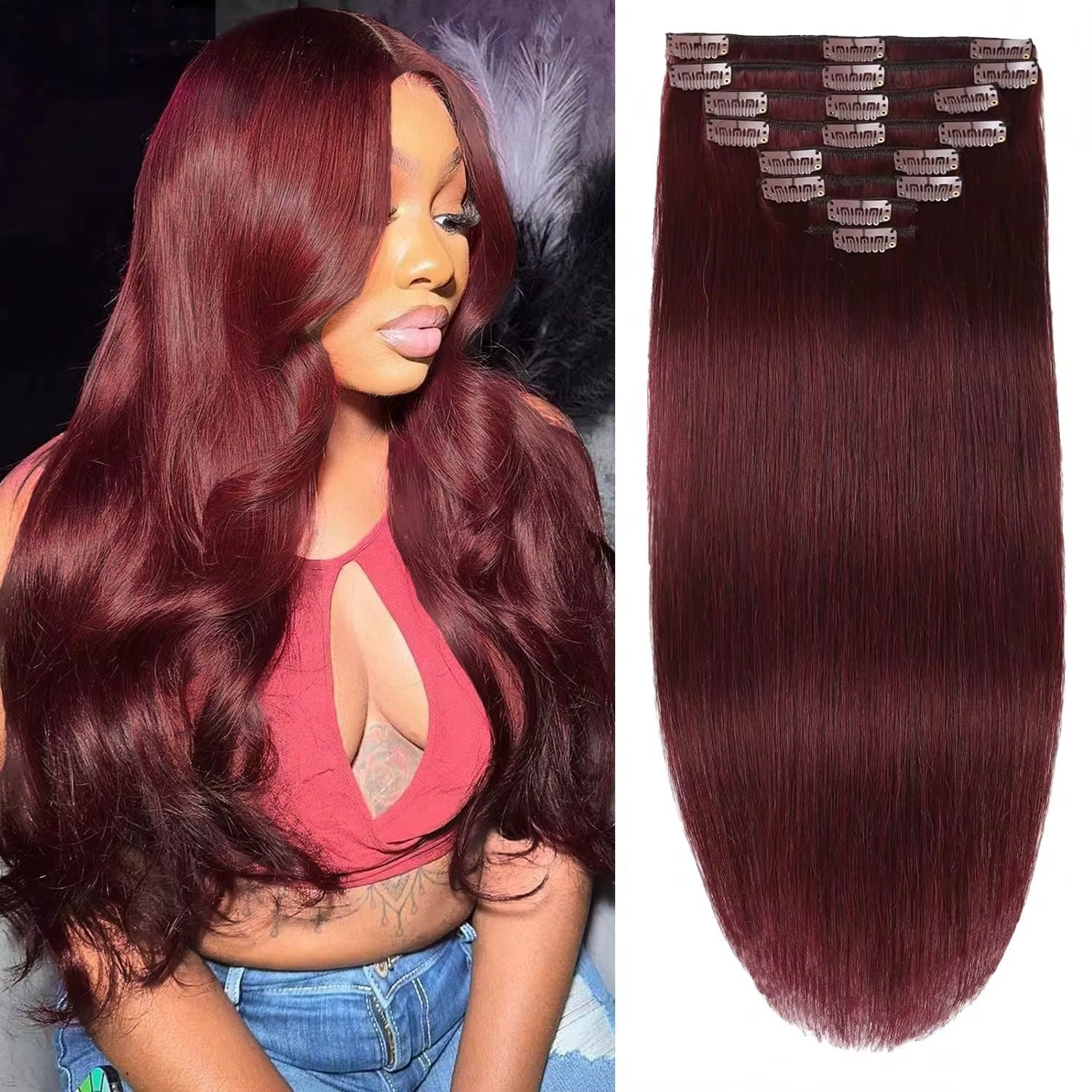 Extensions de cheveux à clips 99J Bourgogne, cheveux humains naturels, 8 pièces, extensions à clips 