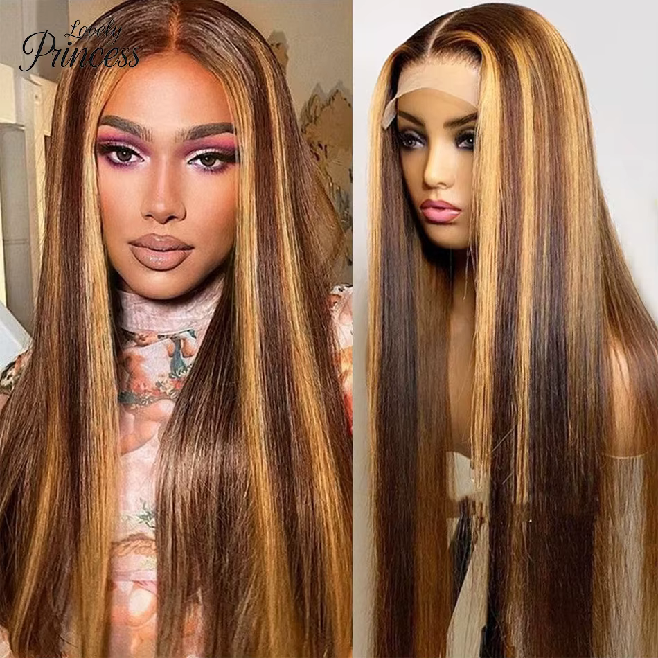 Perruque en cheveux humains lisses avec dentelle frontale 13x4, 30-40 pouces, mèches 4/27, densité 2