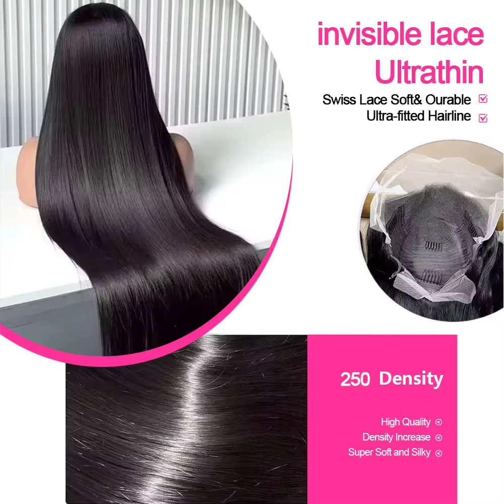 Perruque Lace Frontal Wig brésilienne naturelle, cheveux lisses, sans colle, 13x4, 13x6, HD, densité