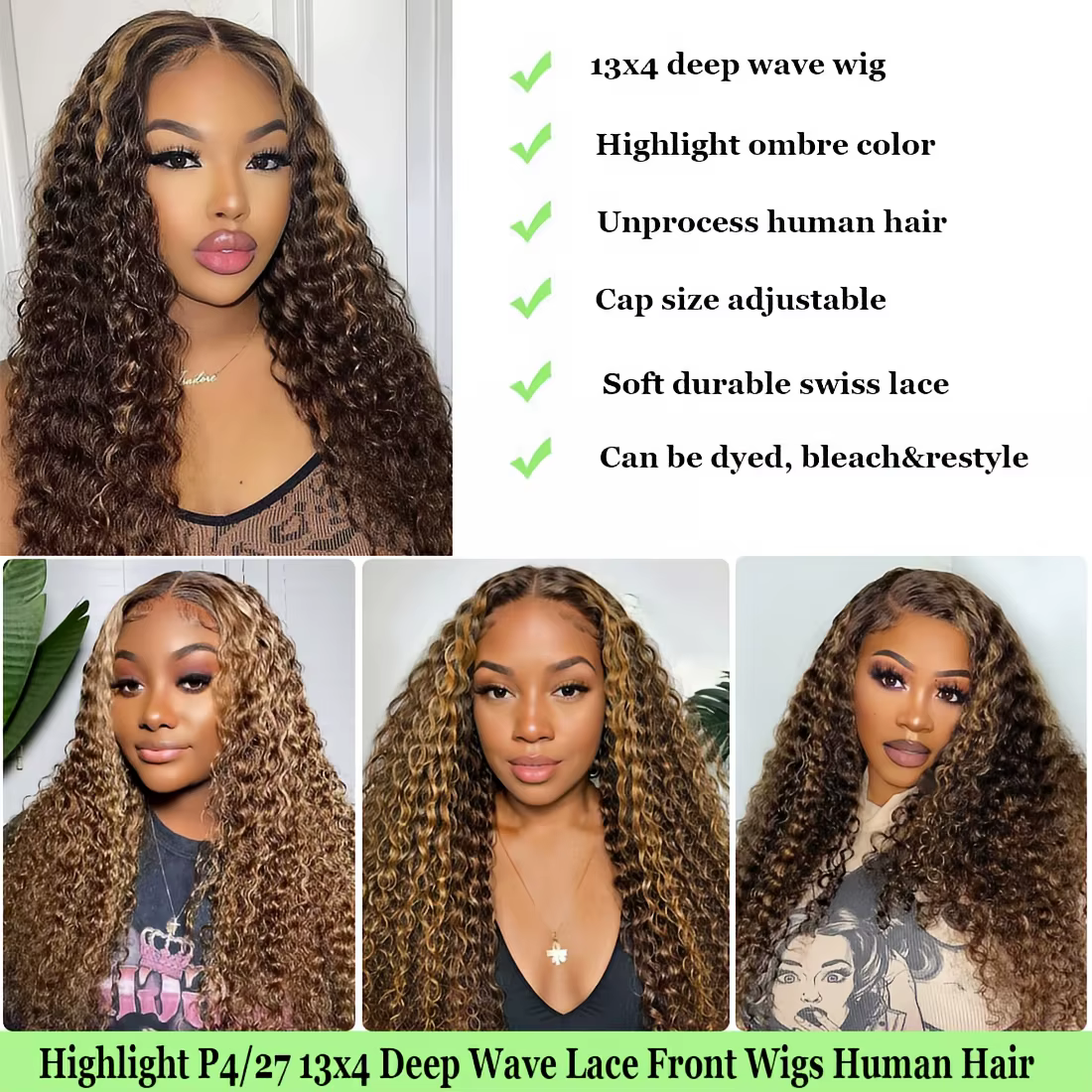 Perruques Lace Front en Cheveux Humains 30-40 Pouces 13x4/13x6 HD P4/27 Blond Miel Ombré Deep Wave P