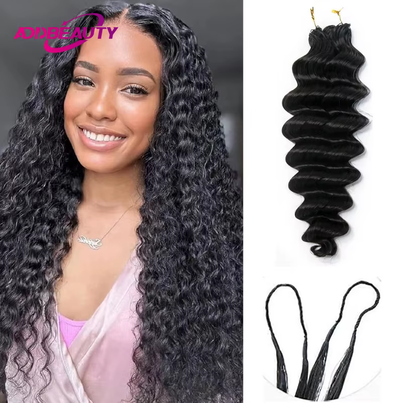 Extensions de cheveux humains au crochet sans nœuds, pré-séparées, effet vague profonde, avec pointe