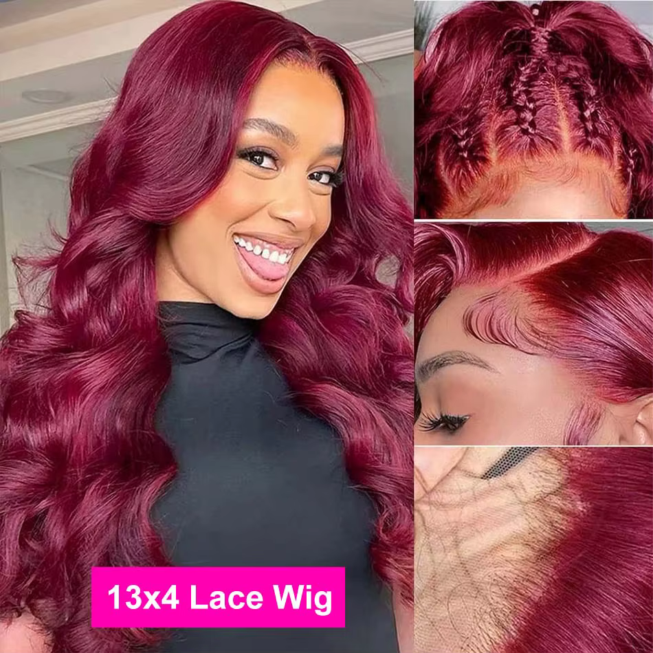 Perruque Lace Front Wig Body Wave Brésilienne Naturelle, Cheveux Humains, Bordeaux 99J, 13x6 HD, 13x