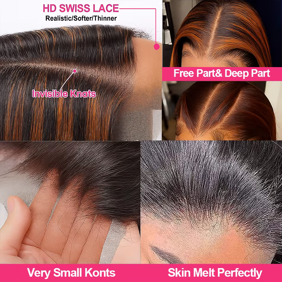 # 4/350 mettre en évidence gingembre brun court Bob perruque cheveux humains droite 13x4 HD Transpar