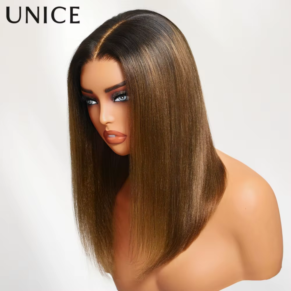 UNice châtain brun Ombre Yaki droite Bob perruque de cheveux humains 7x5 & 13x4 dentelle sans colle