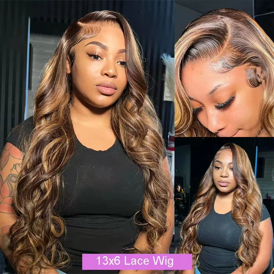Perruque Lace Front Wig Body Wave brésilienne naturelle, cheveux humains à reflets colorés, 13x6 Hd,