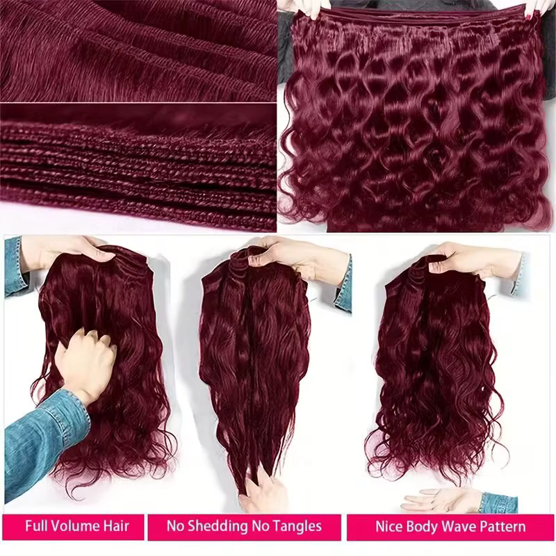 Extensions de Cheveux Humains Bruts 100% Non Traités 16A, Bundles Ondulés Bourgogne 99j, Lot de 3 ou