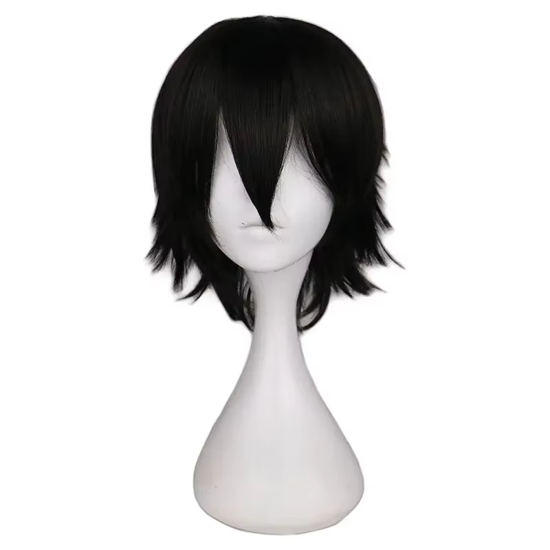 QQXCAIW-Perruque Cosplay Courte et Droite Noire pour Homme, Perruques de Cheveux Synthétiques en Fib
