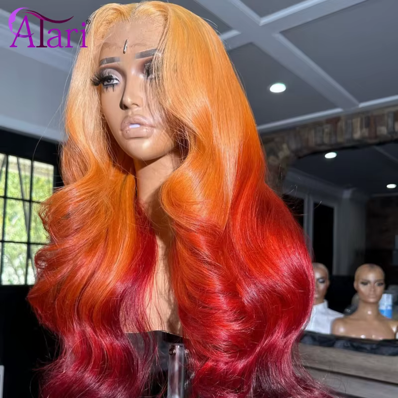 Perruque Lace Front Wig naturelle ombrée orange foncé, cheveux humains, 13x4, 5x5, 13x6, pre-plucked