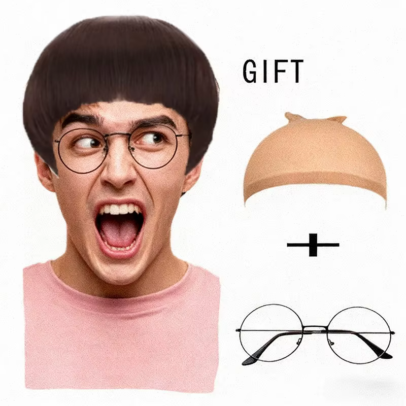Perruque de cosplay courte marron pour hommes, cheveux synthétiques coupés en bol, perruque rétro an