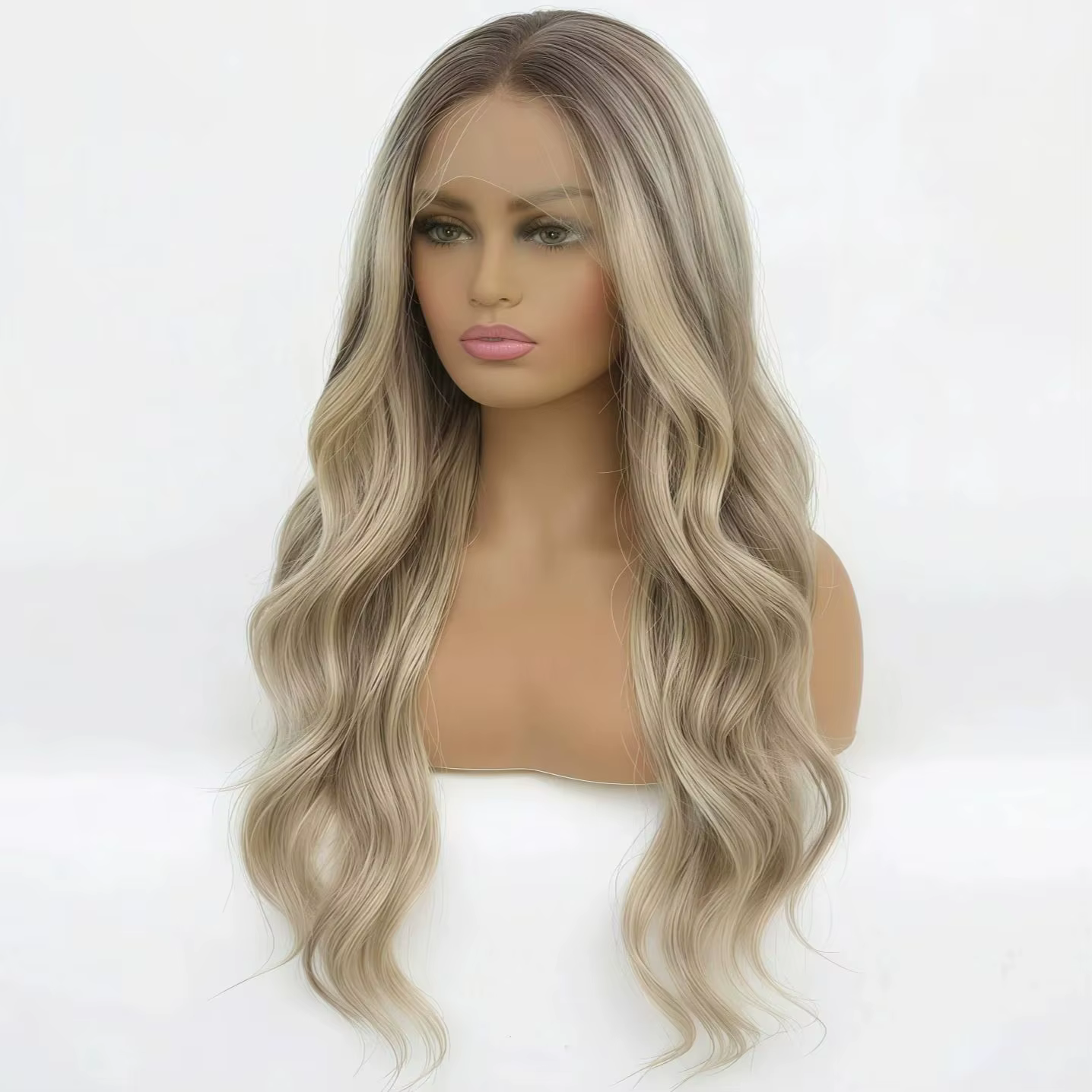 Perruque tendance dégradée brun doré brillant - Perruque longue ondulée de 66 cm avec dentelle front
