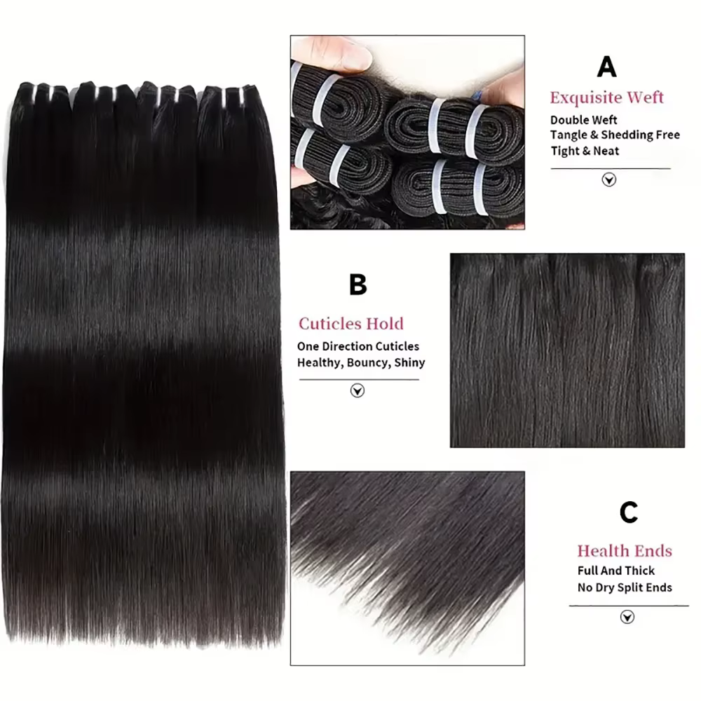 16A Super Double Drawn Tissage Cheveux Humains Lisses Vierge Non Traitée, Qualité Supérieure Extensi