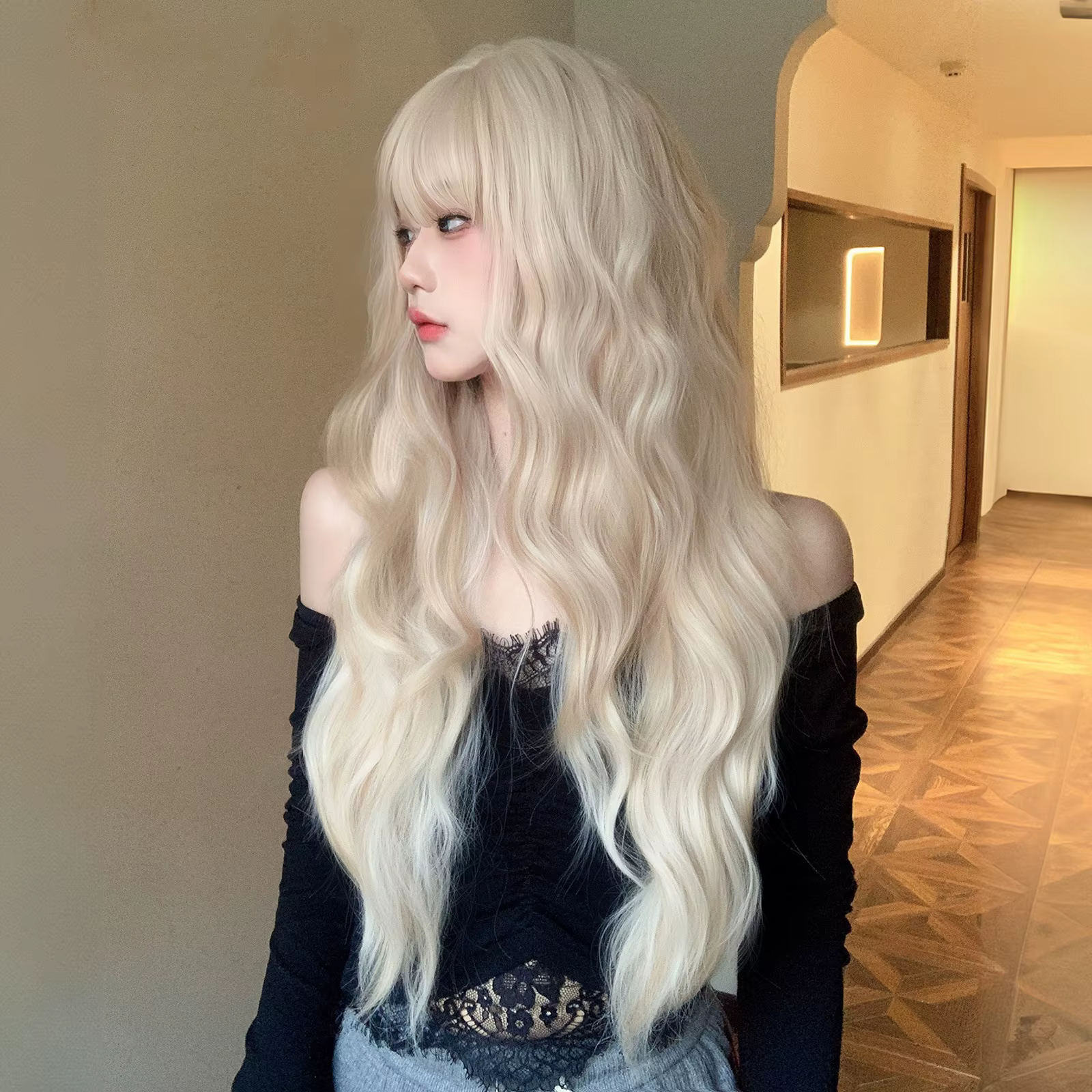 Perruque synthétique longue ondulée Blonde platine 613, avec frange, bouclée, mixte dorée, pour femm