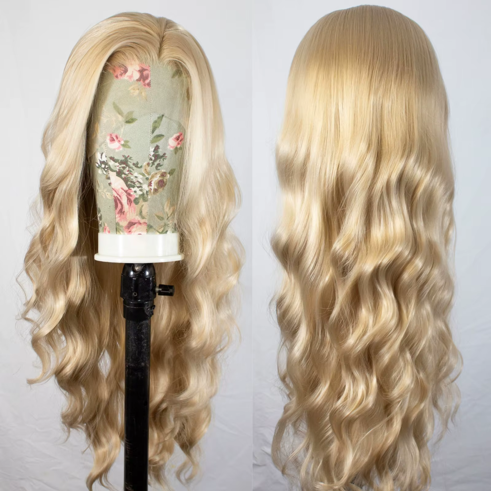 Perruque Lace Front Wig synthétique ondulée longue, blond miel, avec raie libre, cheveux amples et b