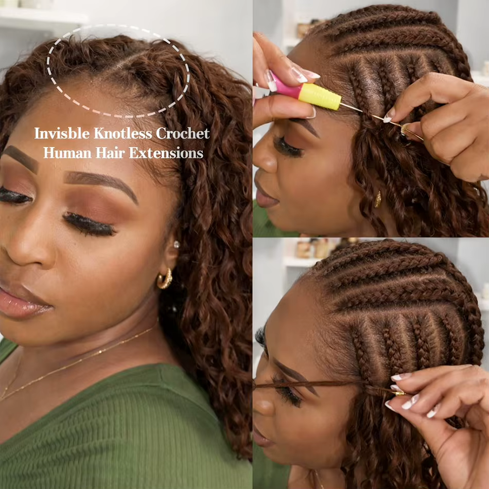 Extensions de cheveux au Crochet brun vague profonde vague d'eau plume Crochet cheveux humains coule