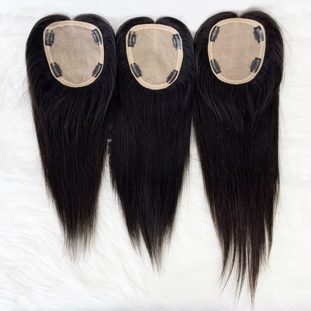 15X17 cm Base en soie femmes Topper avec 4 Clips en postiche malaisie vierge cheveux humains toupet