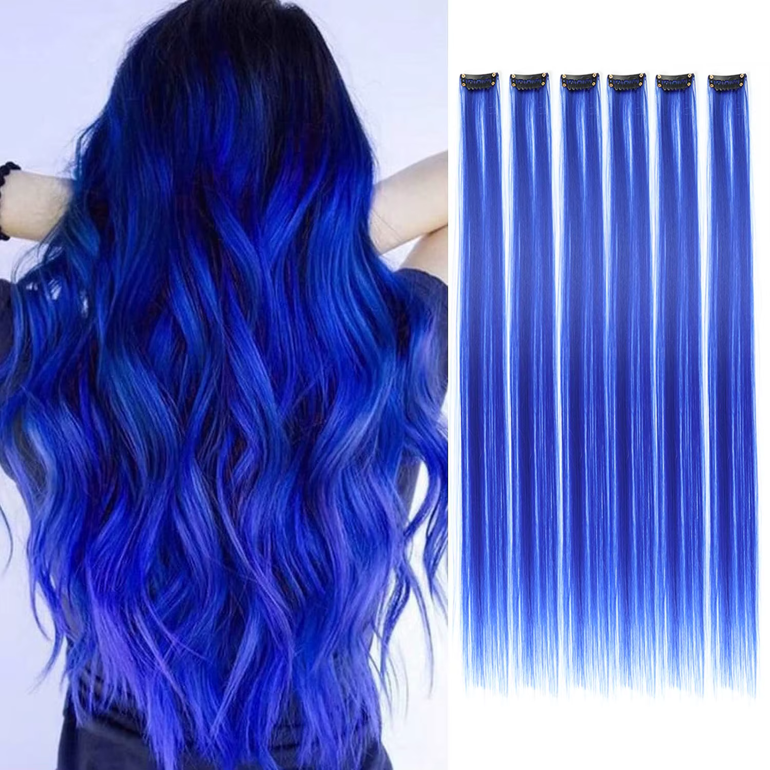 Extensions capillaires synthétiques à clips, reflets colorés de fête, 22 pouces, 6 pièces/paquet, po