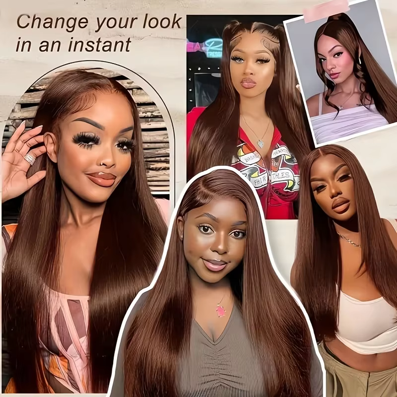 Perruque en cheveux humains brun chocolat, lisse, avec dentelle frontale 13x4 HD, sans colle, pour f