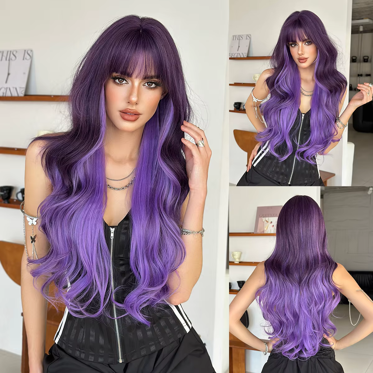 NAMM Halloween Costume perruque synthétique corps lâche ondulé violet perruques avec frange soignée 