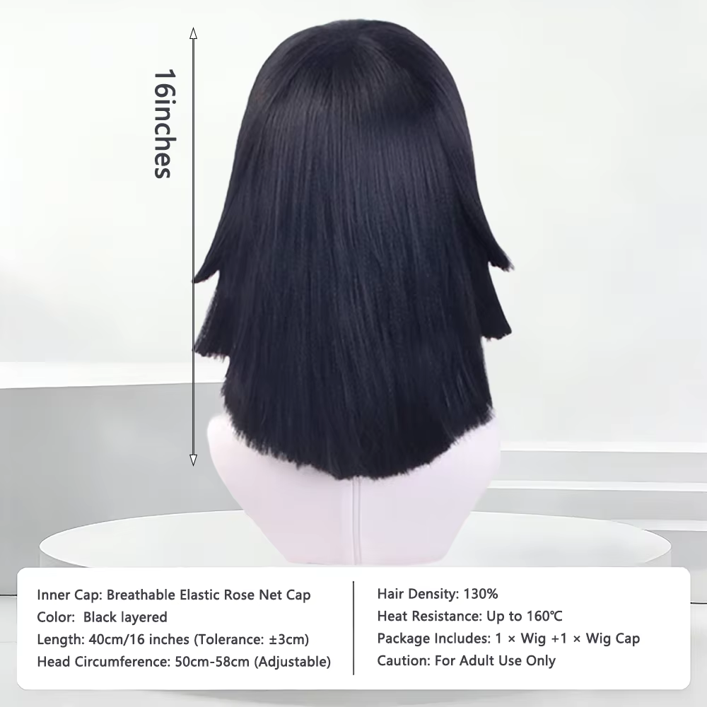 Perruque de Cosplay Iguro Obanai unisexe, perruque synthétique noire pure avec extrémités irrégulièr