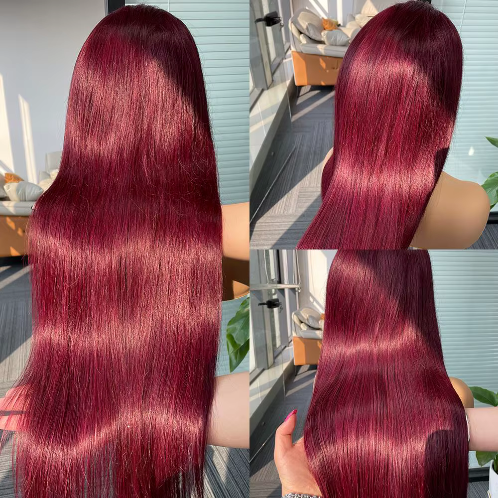 Perruque Lace Front Wig naturelle brésilienne, cheveux lisses, rouge bordeaux 99J, 13x6, 30 40 pouce