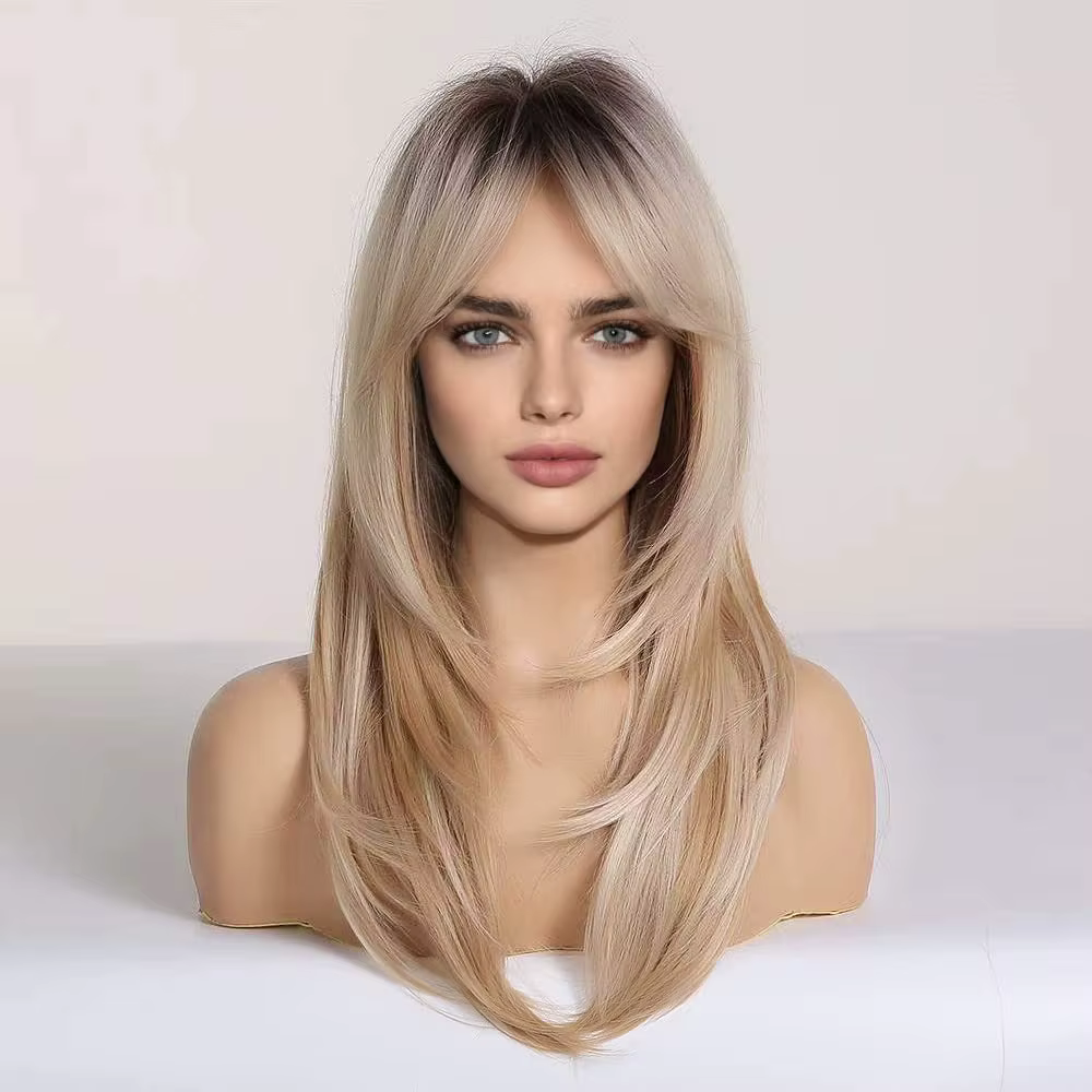 Perruques synthétiques longues blondes dorées pour femmes, mi-longues, couches naturelles, frange la