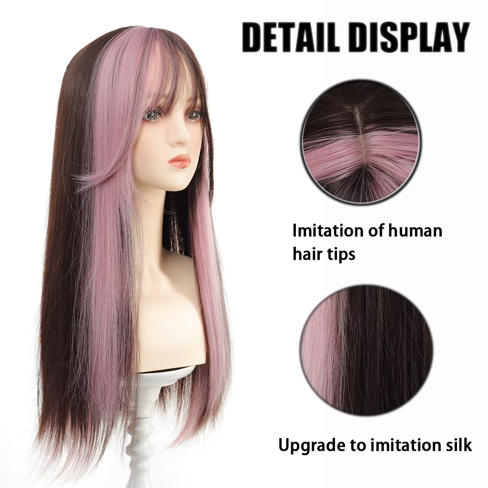 Loiita – perruque synthétique longue et lisse, 24 pouces, noir, rose, Double queue de cheval, Extens