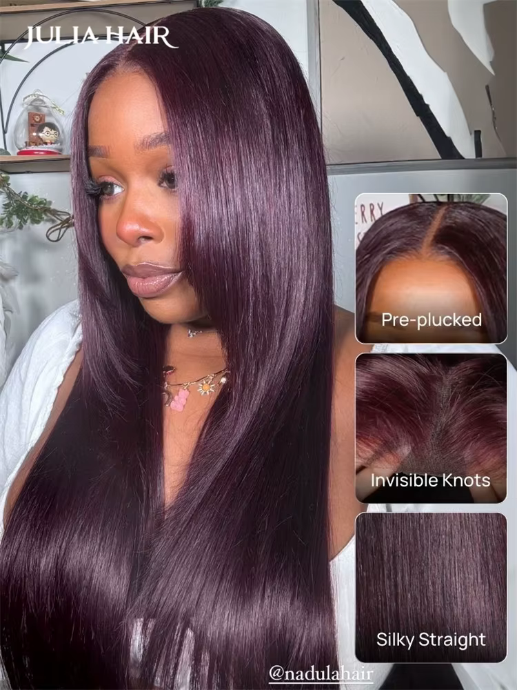 Julia Hair-Perruque de Cheveux Naturels Lisses Sans Colle, Coupe en Couche de Prune Bordeaux, 13x4, 