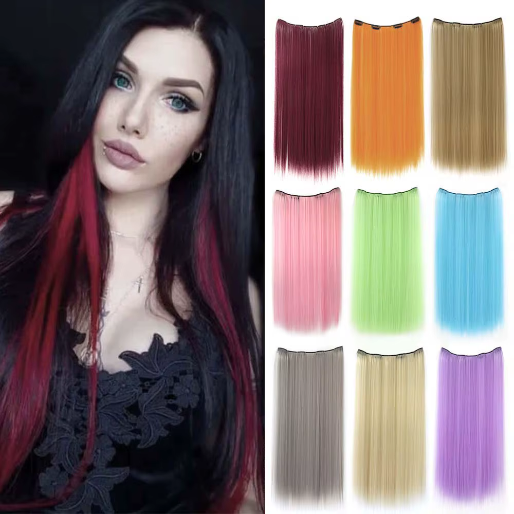 Extension de cheveux à clips colorée de 22 pouces pour femmes, longue perruque synthétique résistant