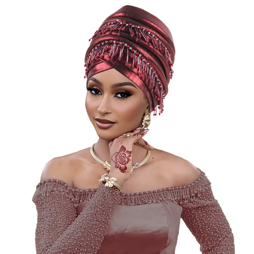 Couvre-chef africain femmes perles glands Turban casquette mariage nigérian Auto Gele fête casque tê