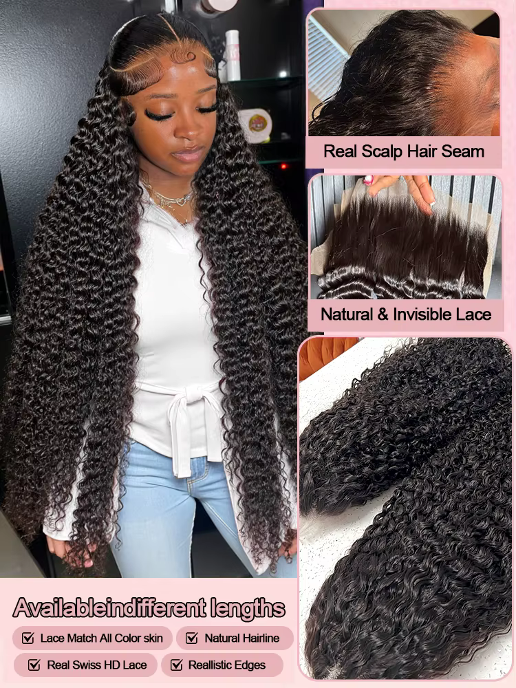 Perruque Lace Front Wig brésilienne naturelle, cheveux humains, Deep Wave, 13x6, HD, densité 300%, b