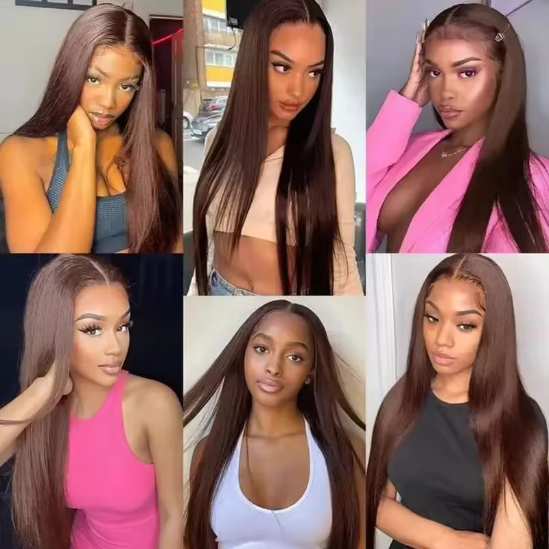 Perruques en cheveux humains lisses avec dentelle HD 13x4, densité 200, couleur chocolat # 4 perruqu