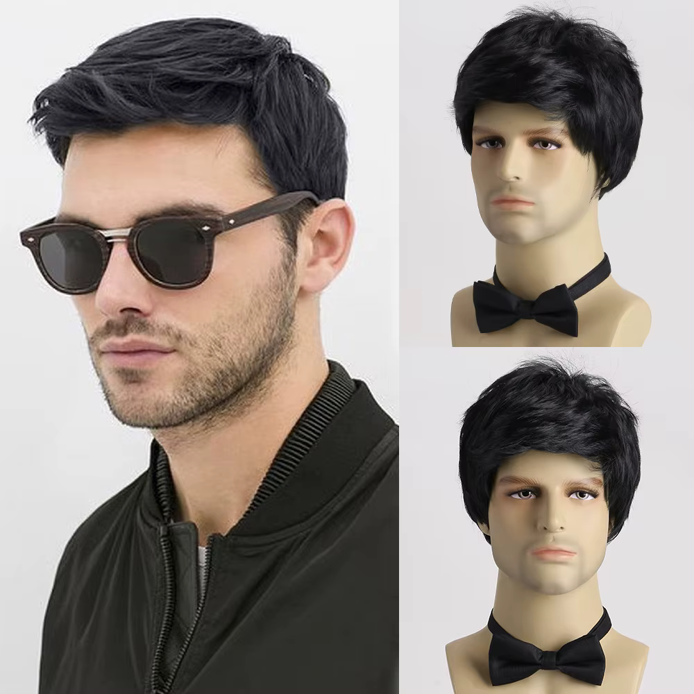 Perruques brunes pour hommes, cheveux synthétiques naturels moelleux en couches pour hommes, perruqu
