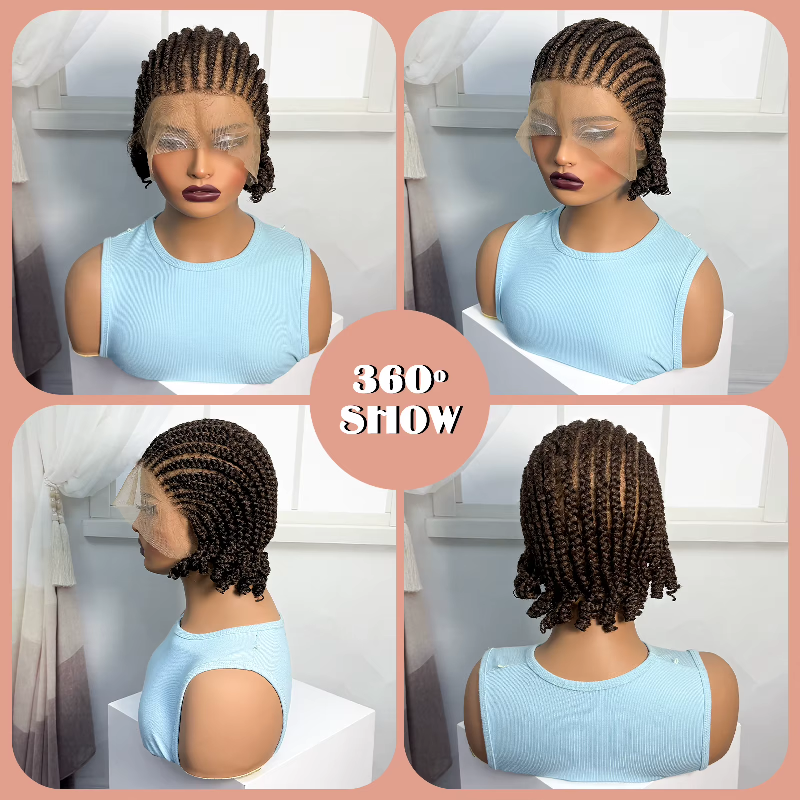 Perruque courte tressée ombrée style cornrow, perruque synthétique pleine dentelle tressée avec chev