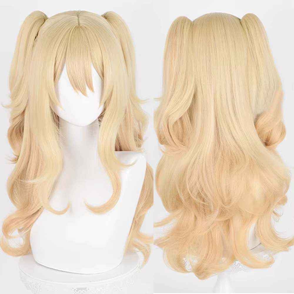 Perruque synthétique ondulée avec frange pour cosplay, ombre blonde, longue double queue de cheval,