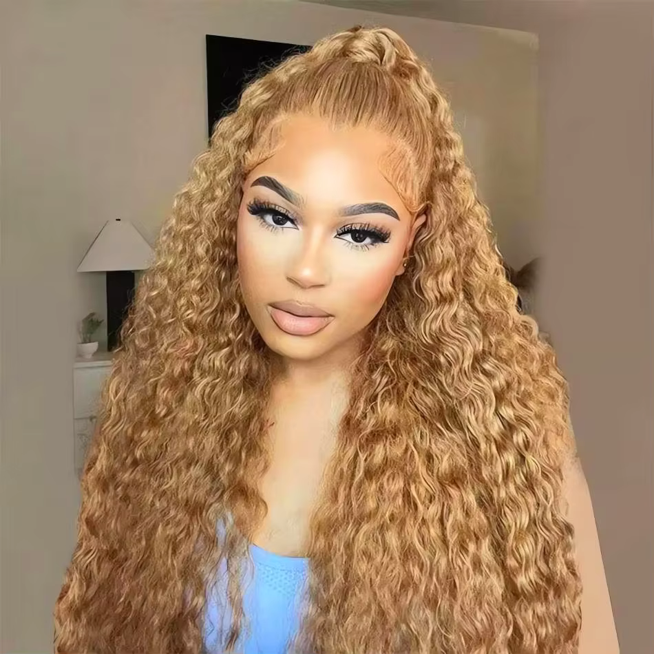 27 # Perruque Blonde miel cheveux humains 13x6 cheveux humains bouclés dentelle frontale perruque
