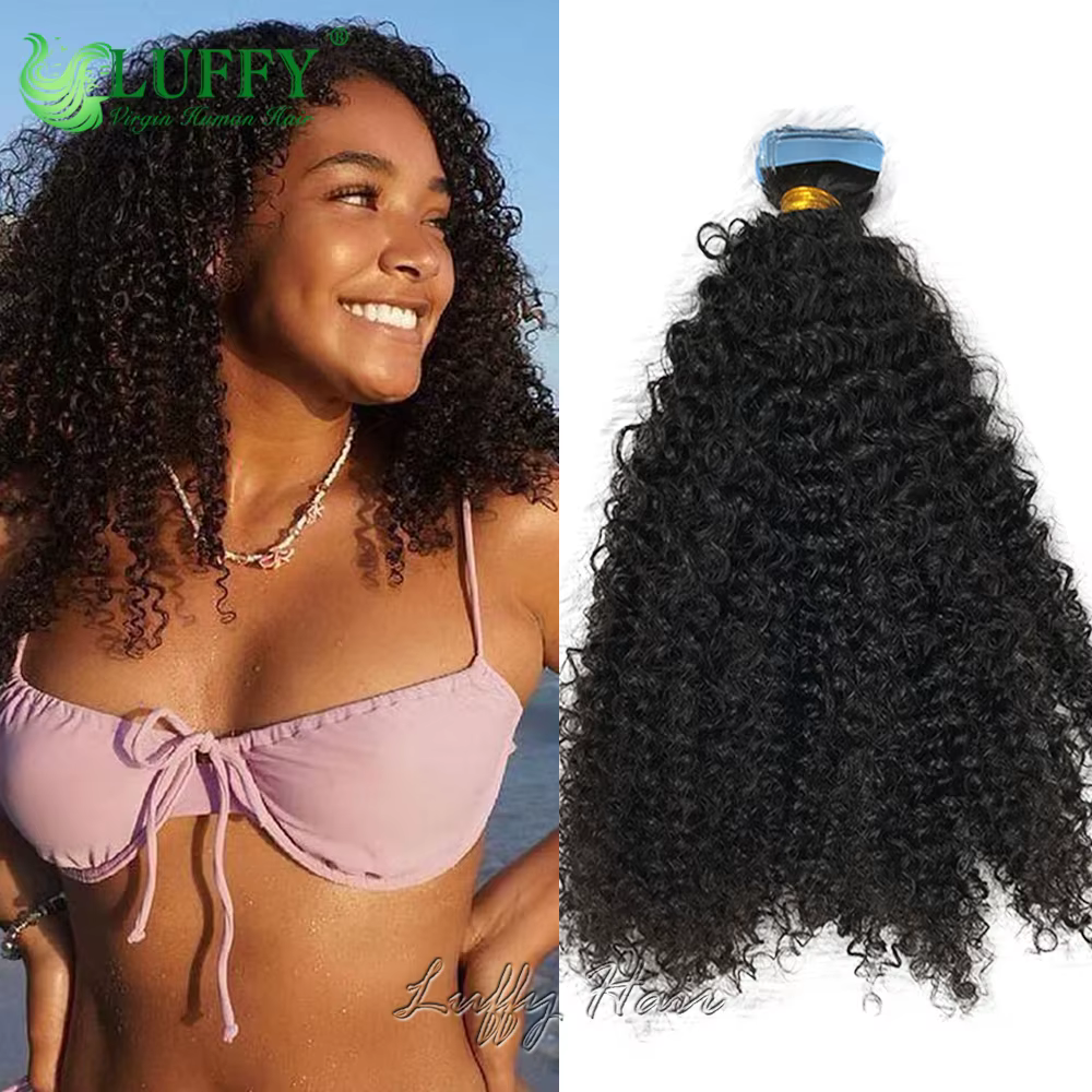Extensions de cheveux humains bouclés crépus à bandes adhésives, double épaisseur, trame invisible, 