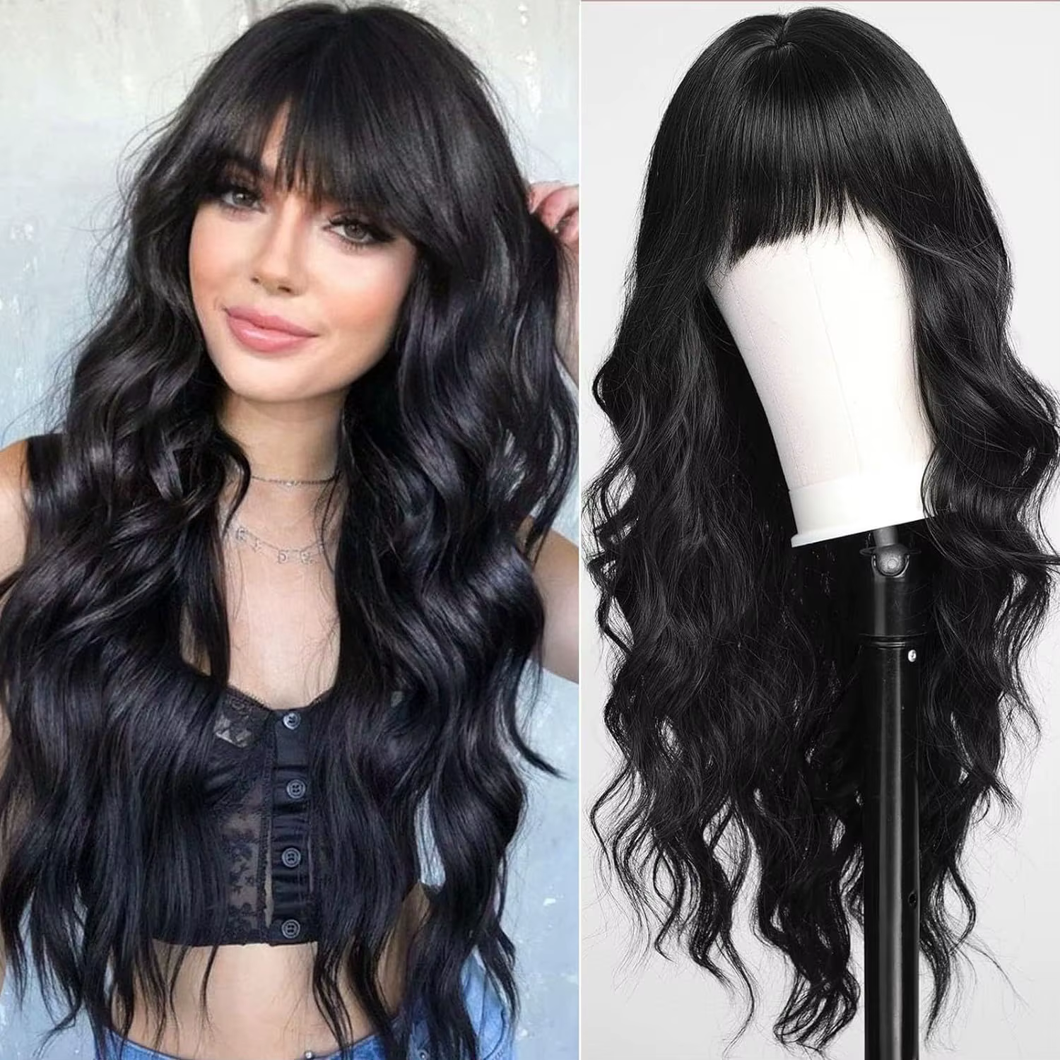 Ensemble de tête en fibre synthétique pour femme, cheveux longs bouclés, ondulation de l'eau, haute