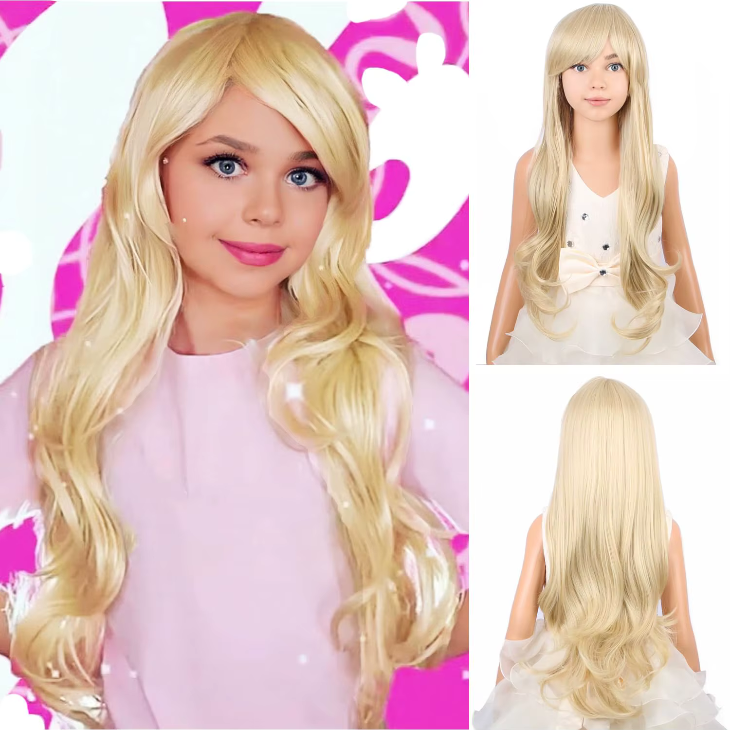 Perruque longue blonde ondulée pour enfants, perruque blonde avec frange pour filles, perruques long