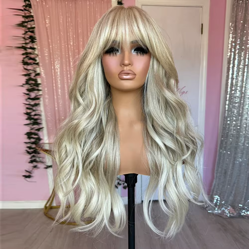 Perruque Lace Front Wig sans colle avec frange, 28 pouces, cheveux humains synthétiques de luxe, fib