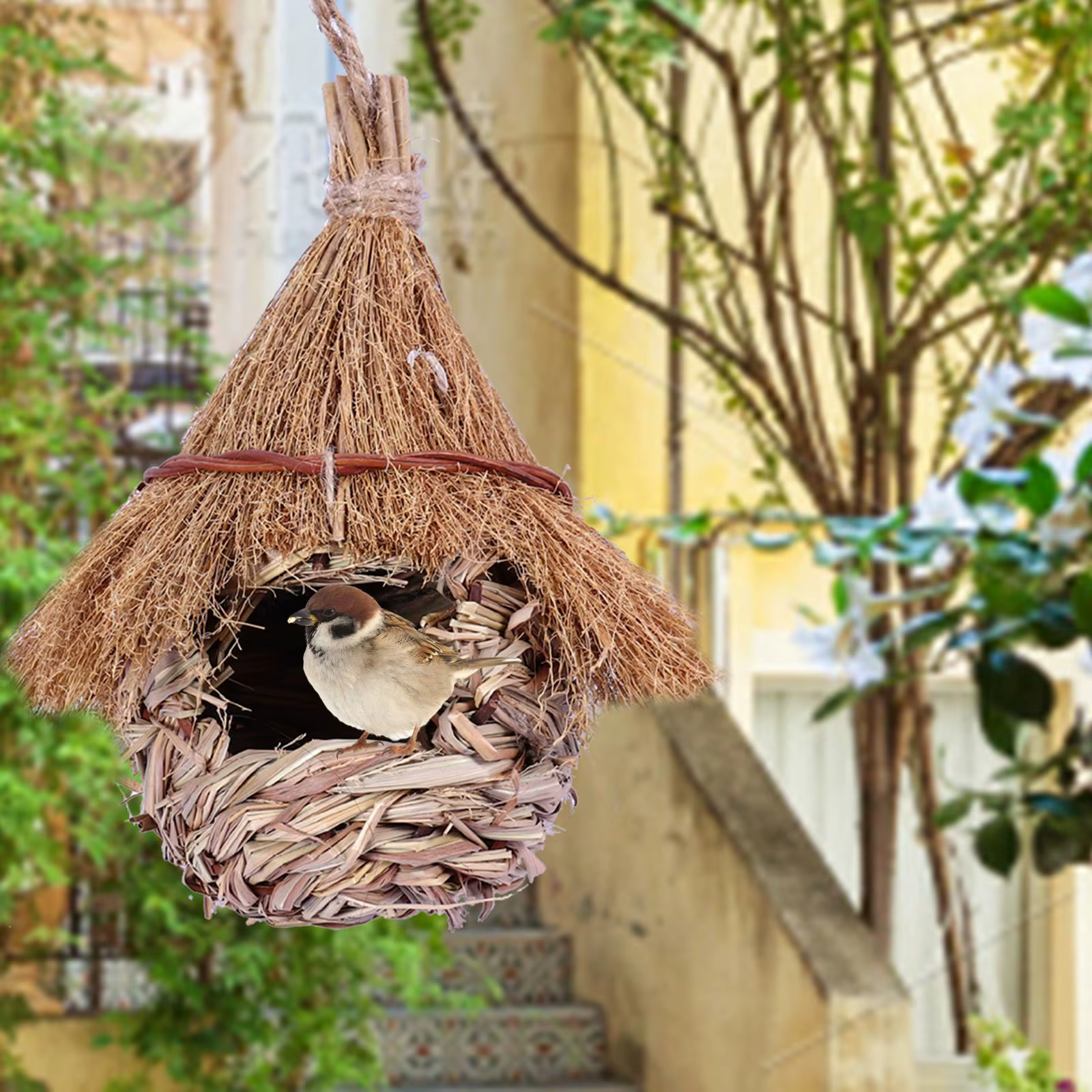 Wren Finch-Maison à oiseaux tissée à la main, cabane à oiseaux pour pelouse intérieure et extérieure