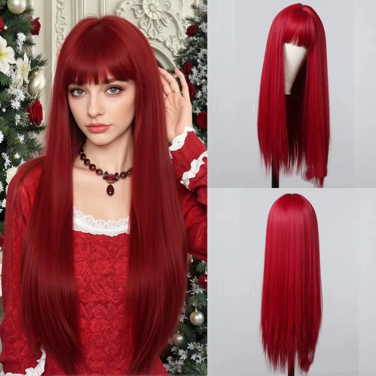 Perruque synthétique rouge bordeaux, perruque à grandes ondulations, pour cosplay d'Halloween, usage